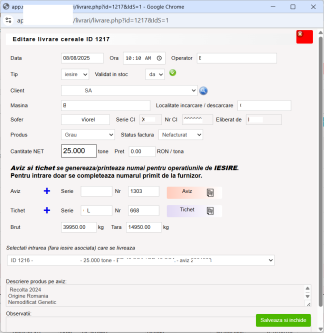 Aplicatie web livrari cereale avize tichete stoc fermieri contracte comenzi