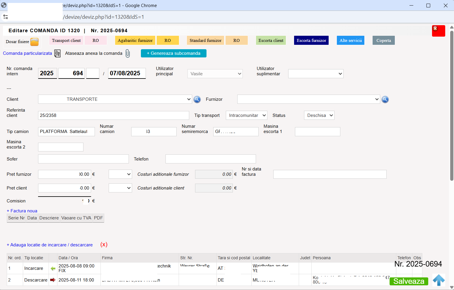 Aplicatie web comenzi transport curse marfa