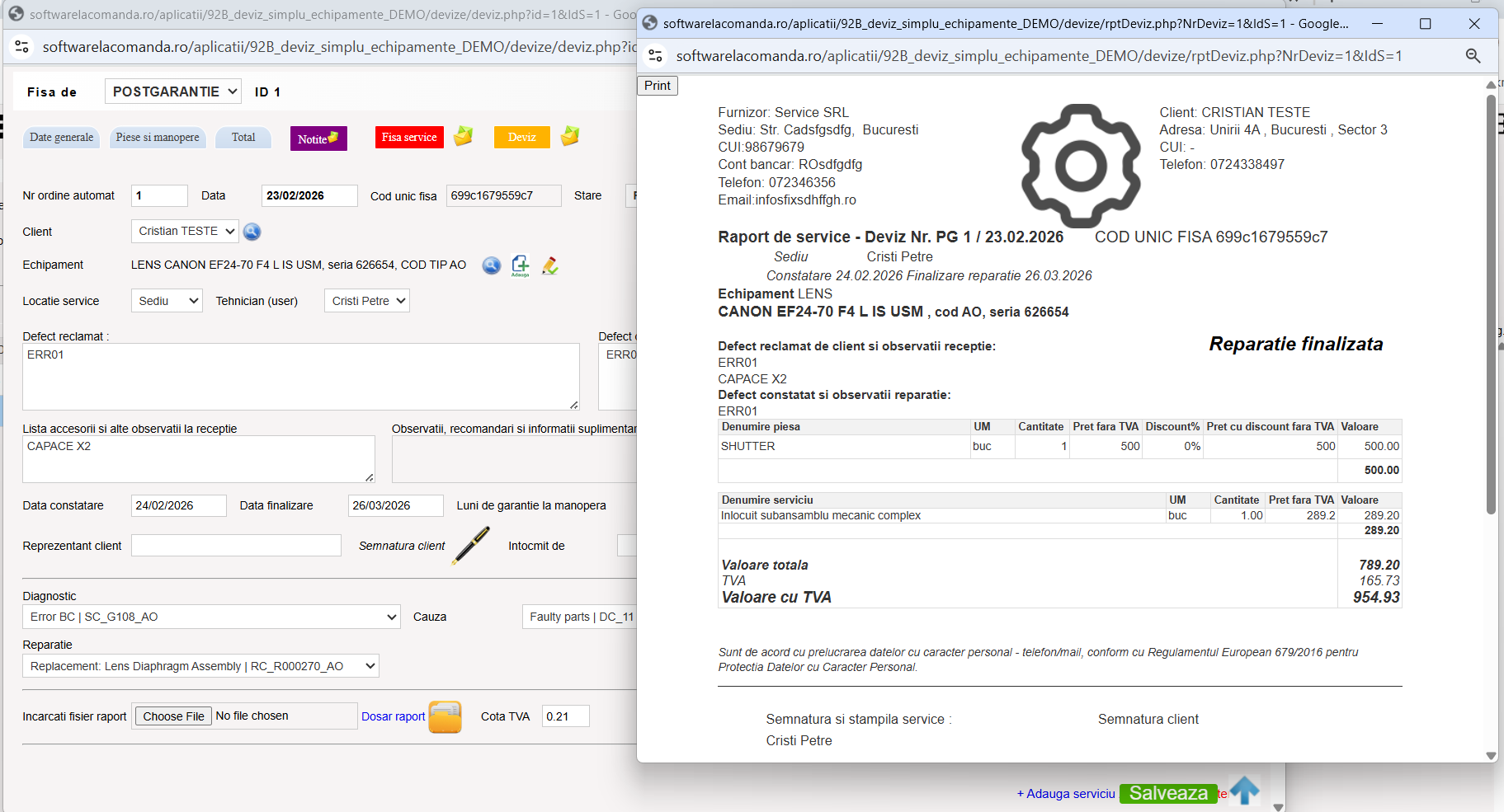 Software web fisa deviz simplu service echipamente deviz